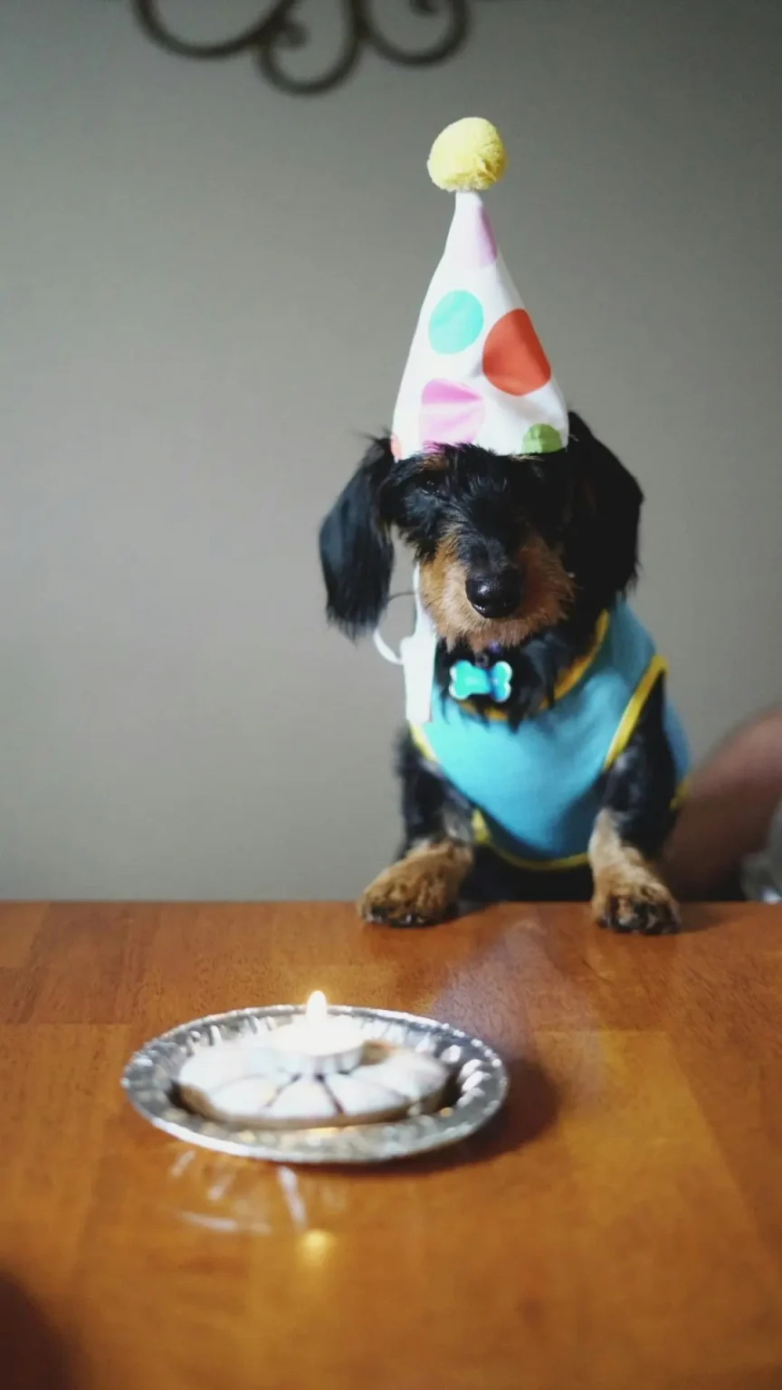 a dog wearing a birthday hat